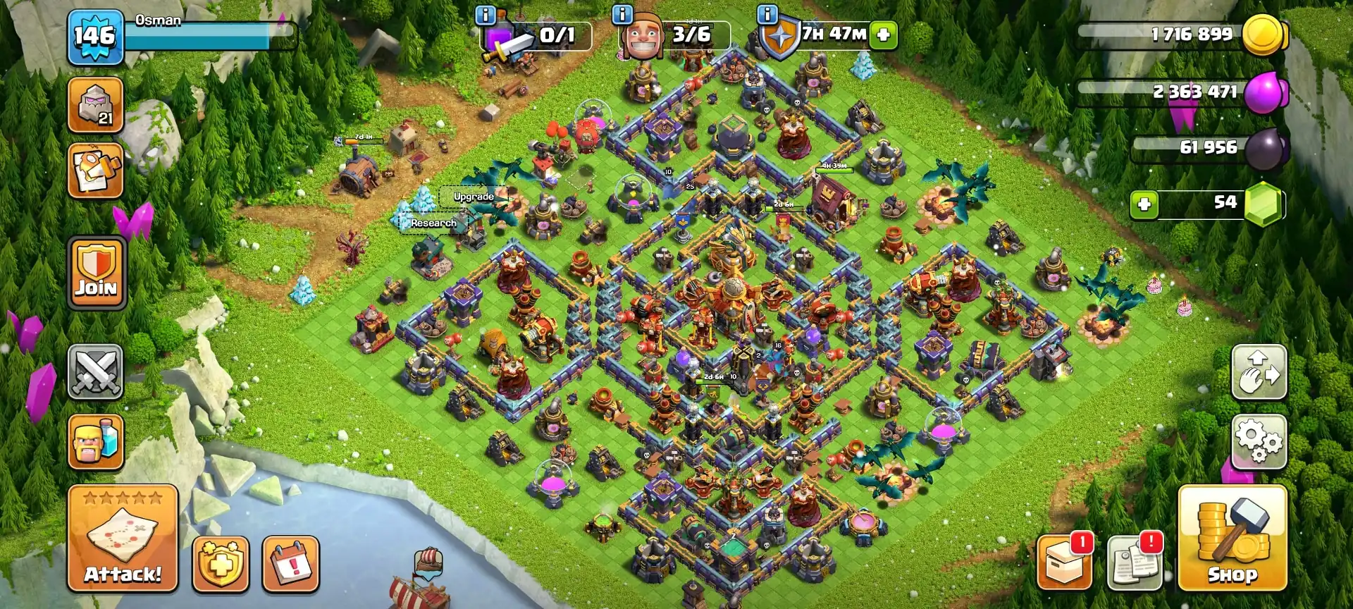 BASE ALMOST MAX | TH16 NEAR MAX | PURPEL WALL | NC FREE | HEROES: 50-50-34-25 | XP-146 | 413 WS | GD TROOPS | FULL ACCESS | BEST DEAL