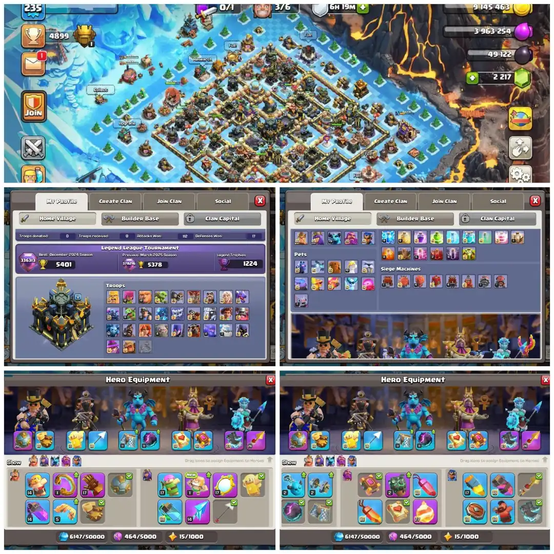 [WOW DEAL] TH17 FULLY MAX | Hero 100-100-75-50 | Max Pets | Max Defs Full |Wall 100% Max | Equipment Sb-Fb-Rs-Eb Max Epic | XP 235