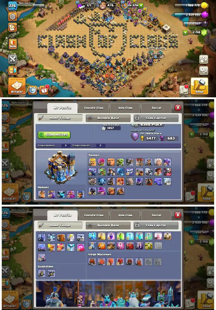 [Cheapestl TH 18 ➤3 HERO MAX ➤Max Equipments ➤Heros: 100/105/82/80/55 ➤20× Hero Skin ➤280+ Cwl Madel [QUICKLY DELIVERY]