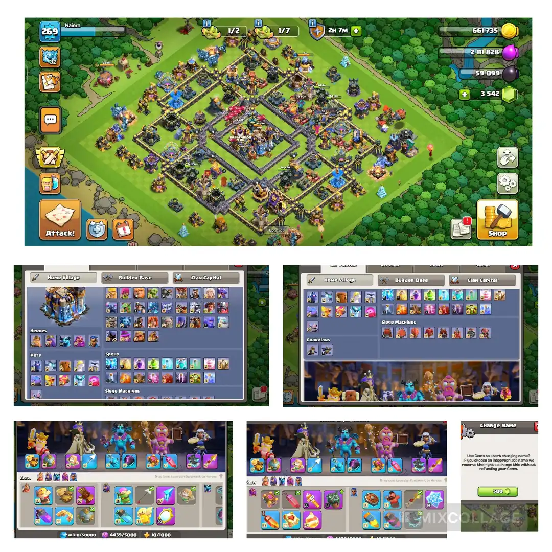 th-18 Fully Max _ Max heros: 105 105 95 80 55 _ 8x Equipment Max _ Max Wall _ war star 5010 _ Xp-269 _ gems 3552 _ NC 500 _ builder Full max