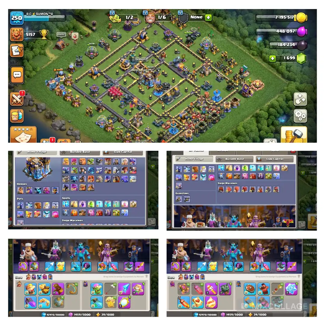 Th 18 very close max || heros 105 105 92 79 55 || pets max Equipment max || Wall Max Type || High Profile || XP 250 || full access || buyer email