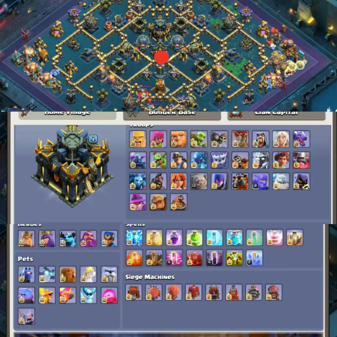 [Ready To Th18]➤Th17 Max 100%➤[5 Hero Max]➤[All Equipment Full Max]➤Xp➾277➤Builder Base Max➤Nc Available➤Full Ownership➤