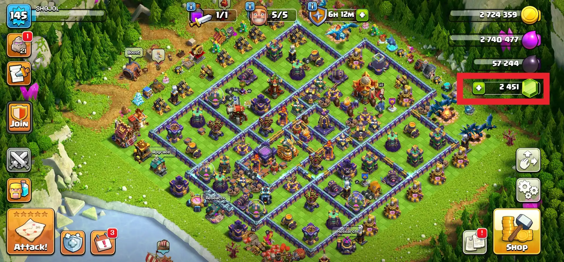 [NC FREE] TH16 NEAR MAX [FULL ACCESS] [5 EPIC LVL 20] HEROES: 75-85-49-49-30 | PURPLE WALL | 2450 GEMS | HIGH DFC | JOSS TROOPS | XP-145