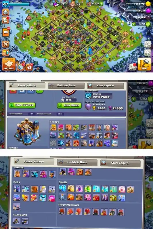 TH 18 Max✓ World Best Rank Account✓ Eoic:-G.G-MAX,R.S-MAX,E.B-26,M.M-26✓Epic Winter scenery✓hero-105-105-90-80-55✓Leg trophy-20k✓22 Hero Skin ✓