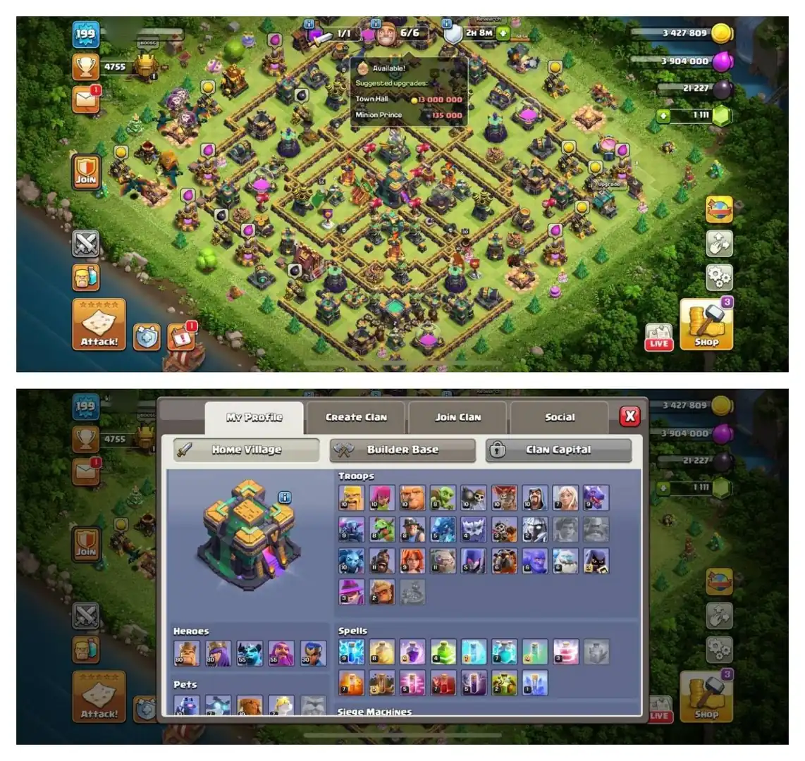 TH14 PURE MAX⚡️3 EPIC EQUIPMENT⚡️XP-199⚡️HERO 80-80-55-55-30⚡️ MAX WALLS⚡️500 GEME CHANGE⚡️MAGIC ITEMS⚡️OP LAB⚡️INSTANT DELIVERY 🚚