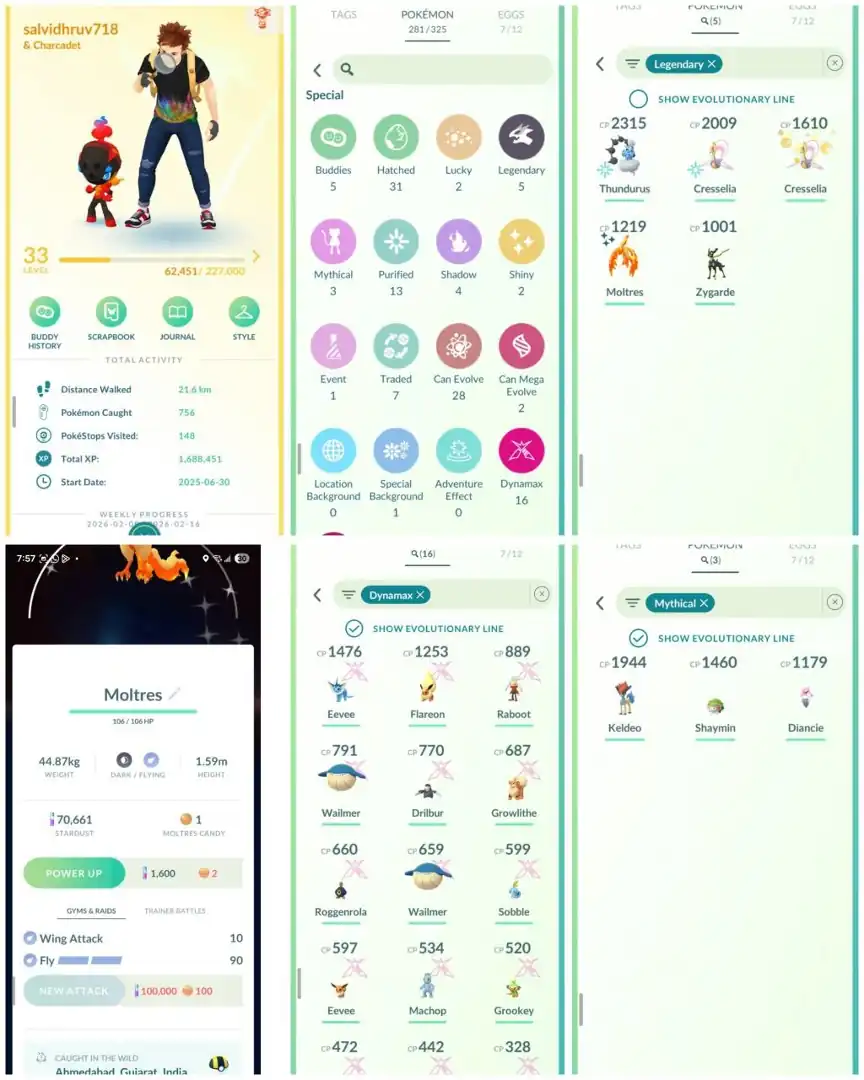 R135 | Level33 | 5 Legendary | 3 Mythical | 2 Shiny | Shiny Galar Moltress Tradable Ultra Ball | 16 Dmax | Mini Account