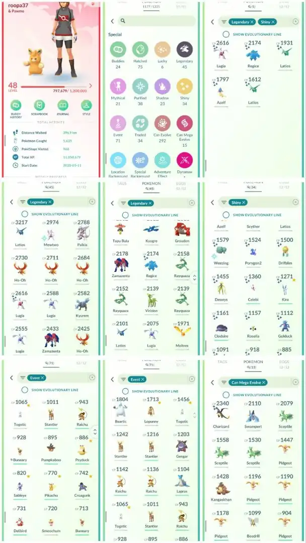 R127 | Level48 | 45 Legendary | 34 Shiny | 5 Shiny Legend | Shiny Lugia | 2 Shiny Latios | Rayquaza | Mewtwo | Mimiku Costume Pikachu |