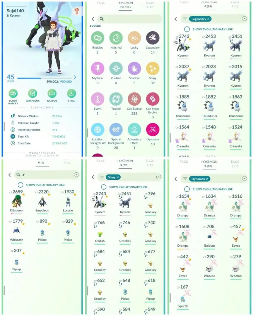 R124 | Level45 | 14 Legendary | 39 Shiny | 2 Shiny Legend | Shiny Fused Black Kyurem | Hundo Lucario | 7 Hundo | Stacked Account