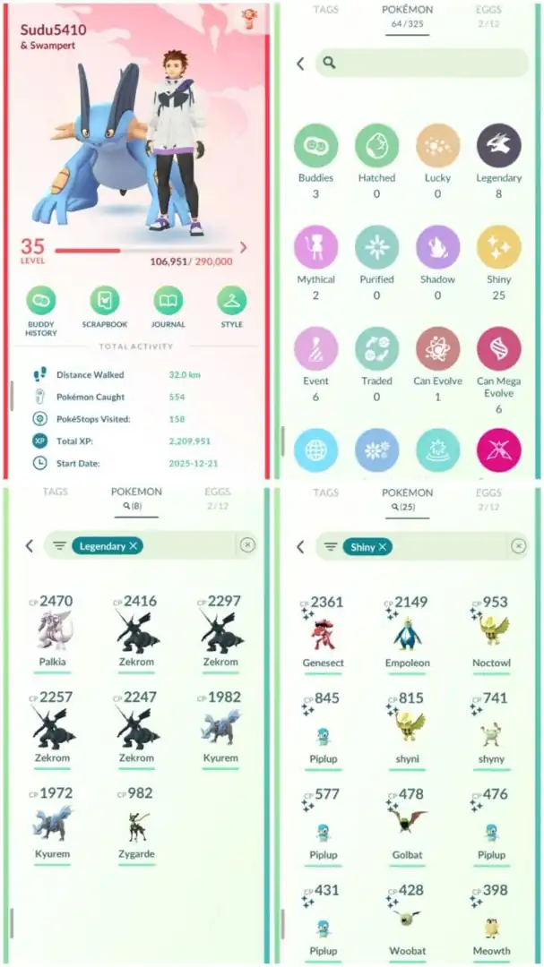 R111 | Level35 | 8 Legendary | 25 Shiny | Zekrom | Kyurem | Palkia | Shiny Gensect | Costume Shiny | Mini Account