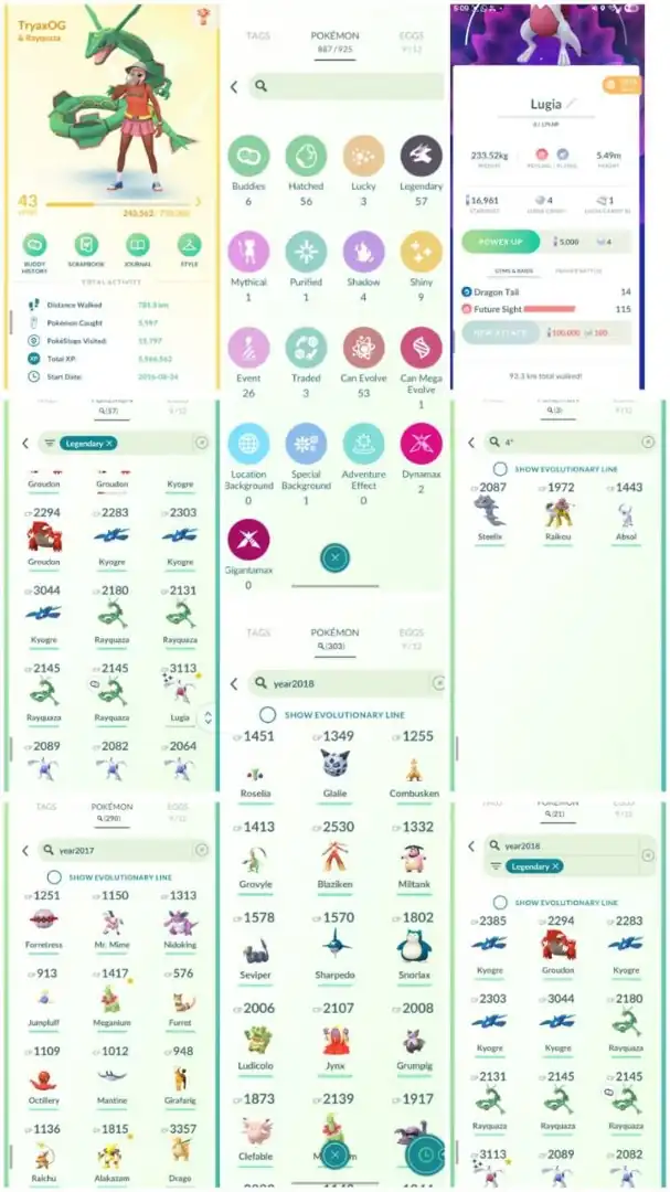 R101 | Level43 | 57 Legendary | 9 Shiny | Year 2018 Shiny Lugia Tradable | Hundo Raikou | 2019 Year Rayquaza | 290 Year 2017 Pokemons |