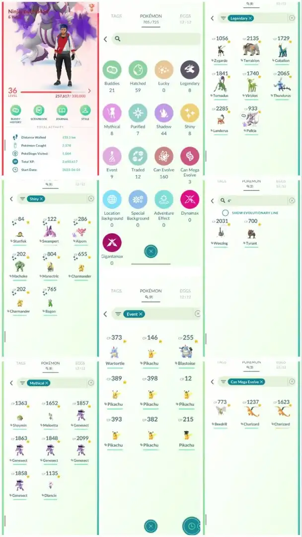 R94 | Level36 | 8 Legendary | 8 Shiny | Shadow Palkia | Shiny Charmendar | Mega Charizard | 9 Costume Pokemons | 8 Mythical |