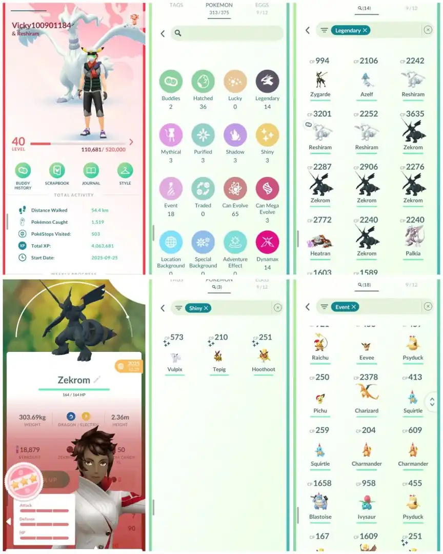 R85 | Level40 | 14 Legendary | 3 Shiny | Hundo Zekrom | Reshiram | Palkia | 18 Costume Pokemons | 14 Dmax | Rare Account