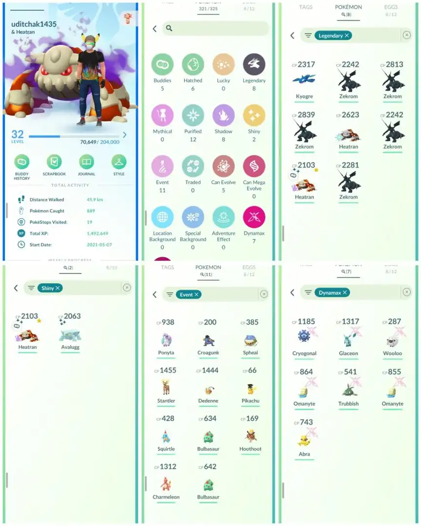 R76 | Level32 | 8 Legendary | 2 Shiny | 1 Shiny Heatran | 11 Costume Pokemons | 7 Dmax | Zekrom | Starter Account