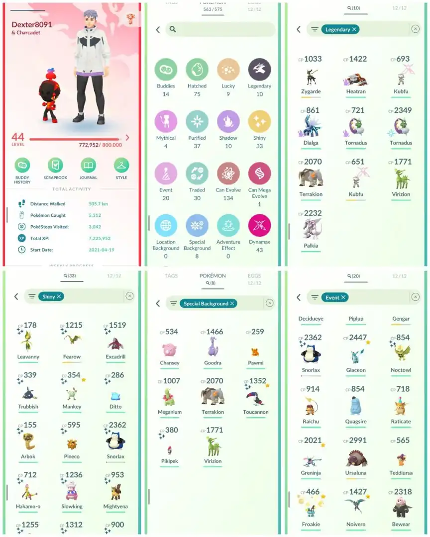 R74 | Level44 | 10 Legendary | 33 Shiny | Ultra Rare Shiny Jacket Snorlax Tradable | Shiny Ditto | 8 Special Background Pokemons | 20 Costume|