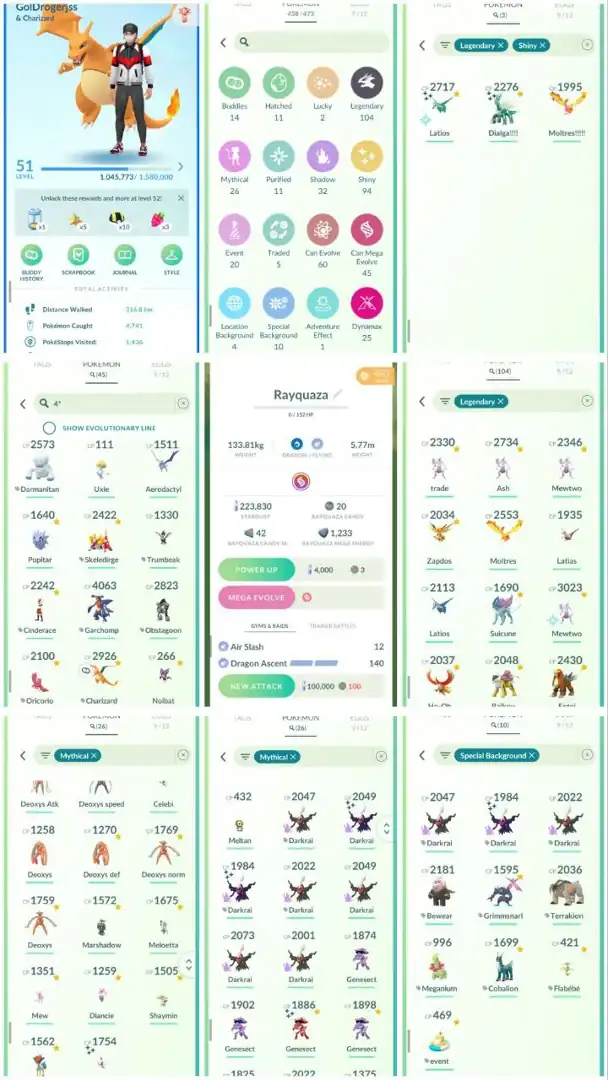 R61 | Level51 | 104 Legendary | 94 Shiny | 3 Shiny Legend | 45 Hundo | Mega Rayquaza | Shiny Special Background Darkrai | Mewtwo |