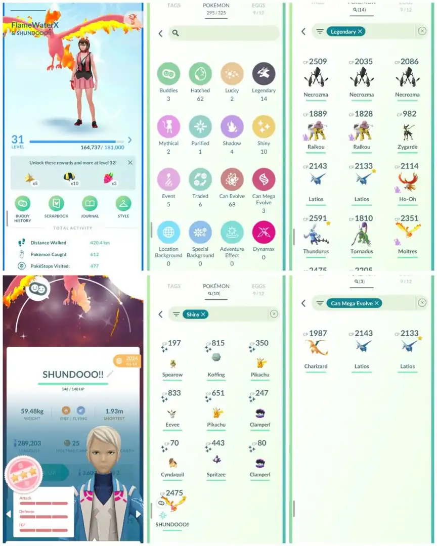 R48 | Level31 | Shundo Moltress | 14 Legendary | 10 Shiny | Mega Latios | Mega Charizard | Necrozma | 3 Costume Shiny |