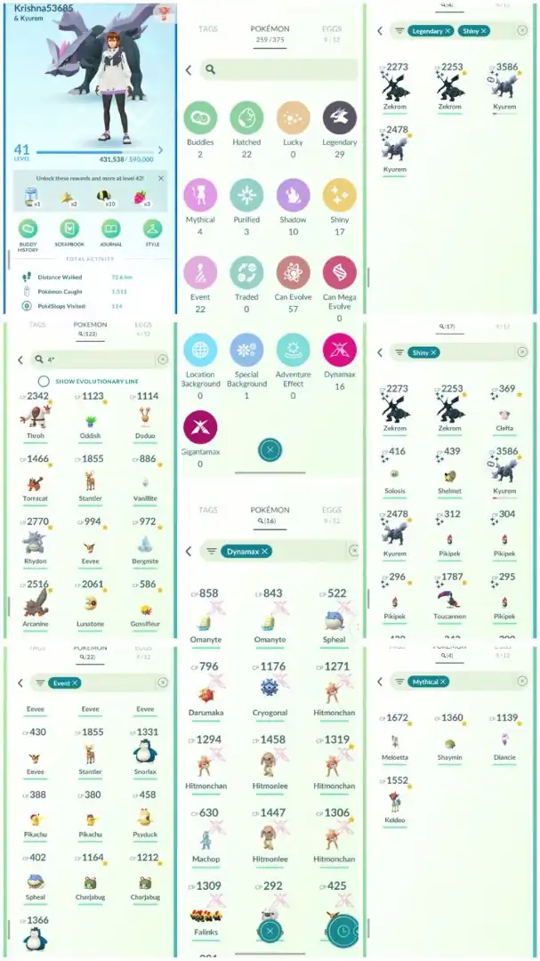 R41 | Level41 | 29 Legendary | 17 Shiny | 4 Shiny Legend | 2 Shiny Zekrom | 2 Shiny Kyurem | 122 Hundo | Cowboy Hat Snorlax | 16 Dmax |