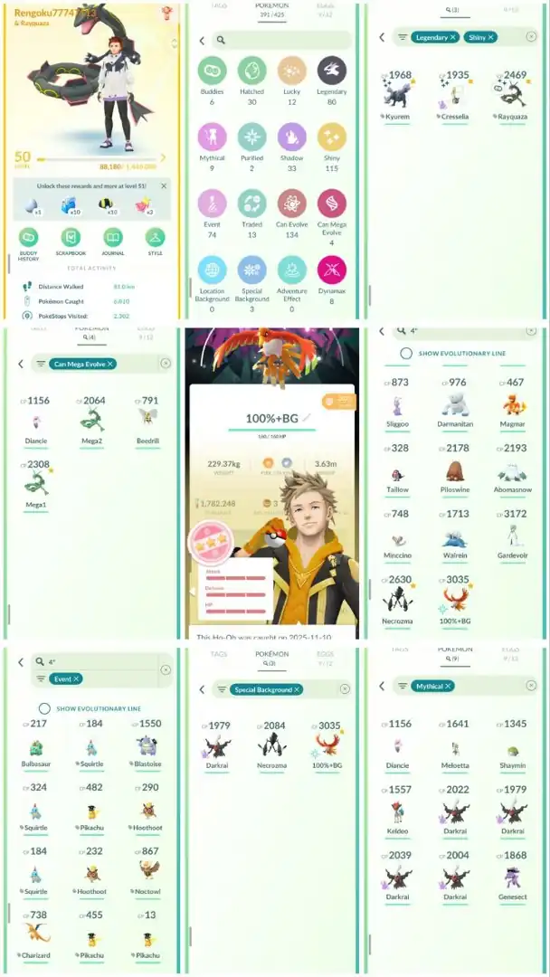 R39 | Level50 | 80 Legendary | 115 Shiny | 3 Shiny Legend | Shiny Rayquaza | Mega Rayquaza | Hundo Necrozma | Hundo Special Background Ho-oh |