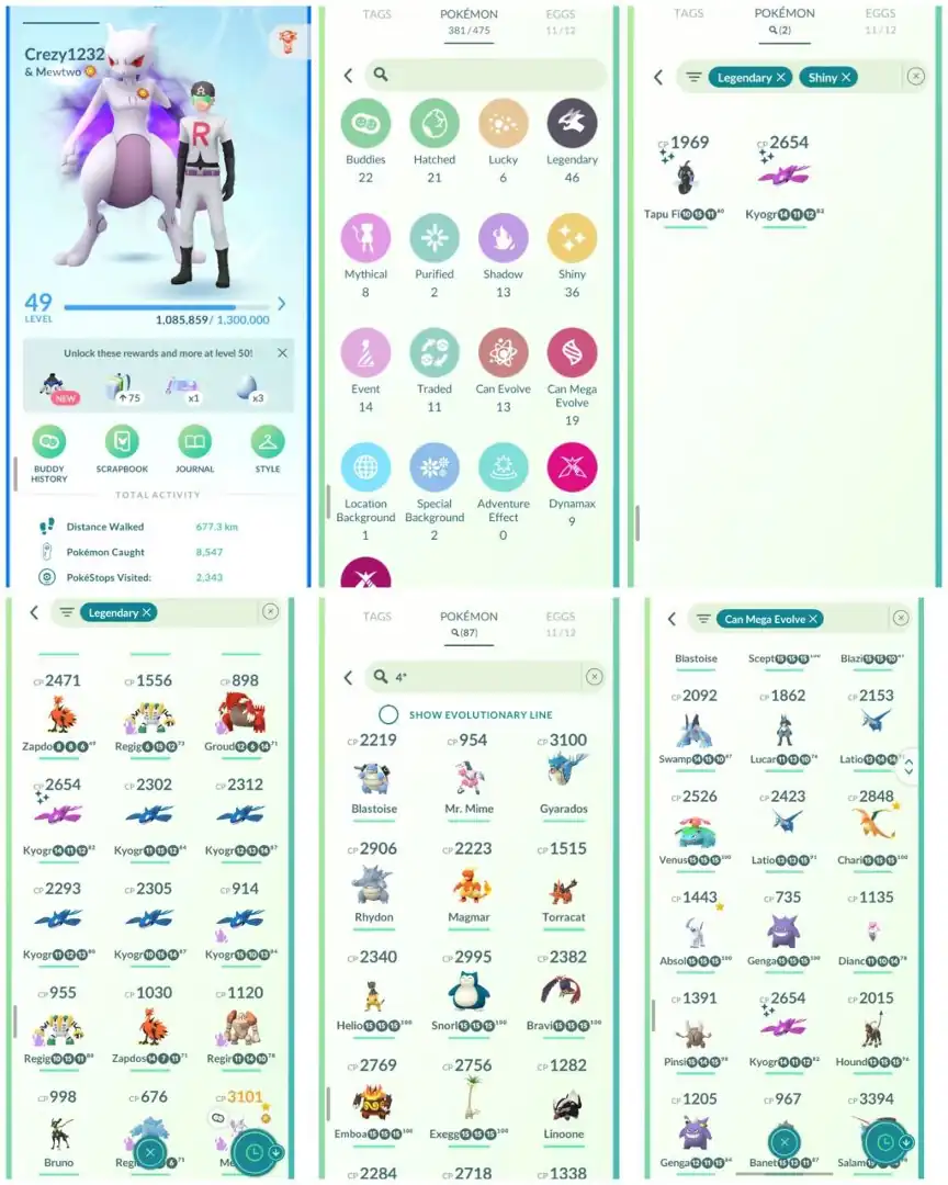 VF44 | Level49 | 46 Legendary | 36 Shiny | 2 Shiny Legend | Shadow Mewtwo | Shiny Mega Kyogre | Mega Lucario | 2 Galar Zapdos | 87 Hundo |