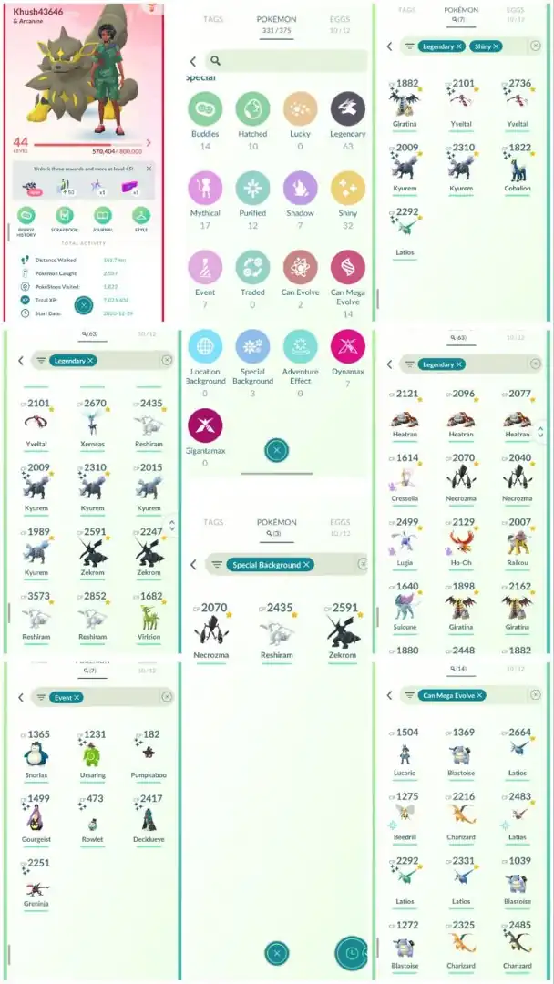 DA1 | Level44 | 63 Legendary | 32 Shiny | 7 Shiny Legend | Special Background Necrozma Reshiram Zekrom | Mega Lucario | Shiny Giratina |