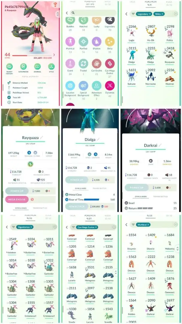 D6 | Level44 | 70 Legendary | 31 Shiny | 9 Shiny Legend | Shiny Mega Rayquaza | ROT Shiny Dailga | Special Background Shiny Darkrai |