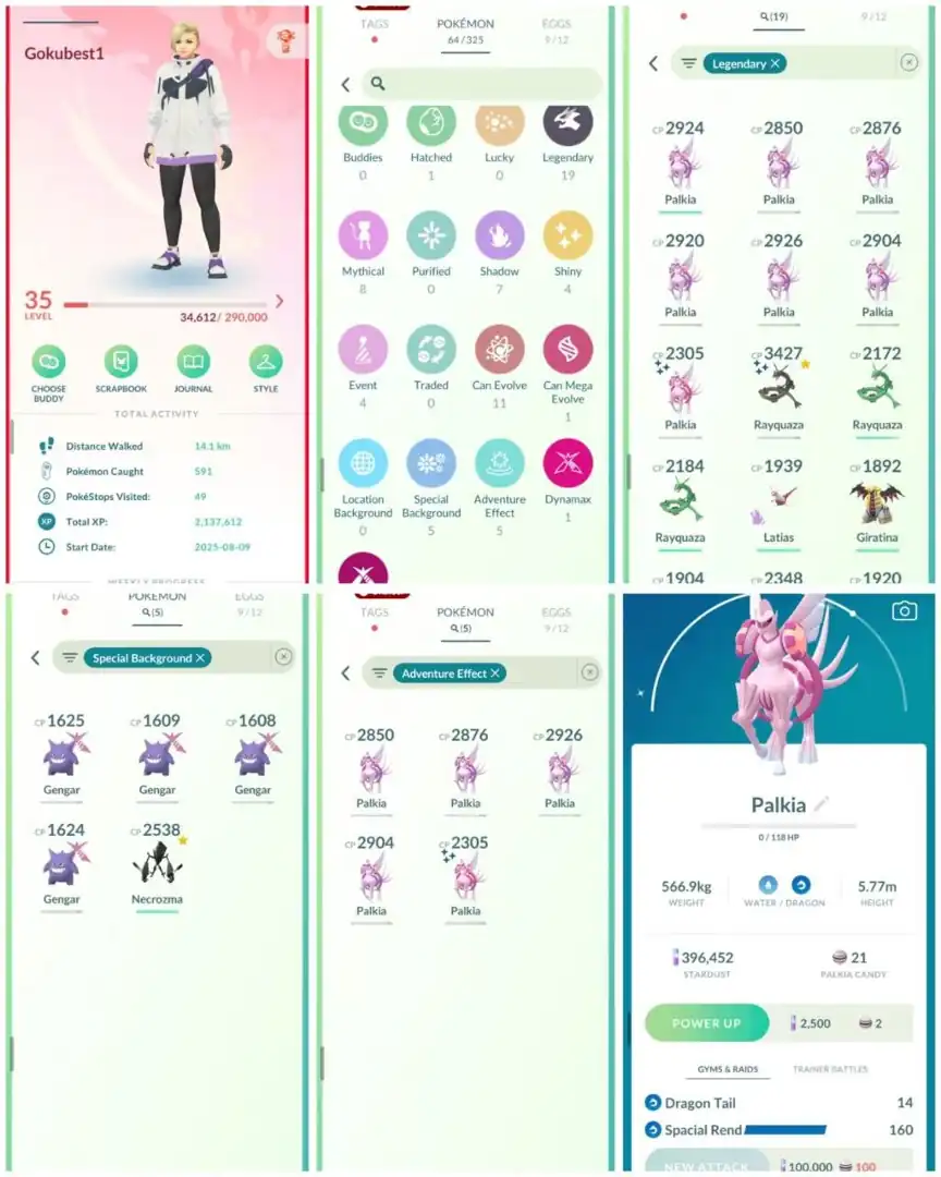 R25 | Level35 | 19 Legendary | 4 Shiny | Shiny Rayquaza | Shiny Special Rend Palkia | 4 Gmax Special Background Gengar |