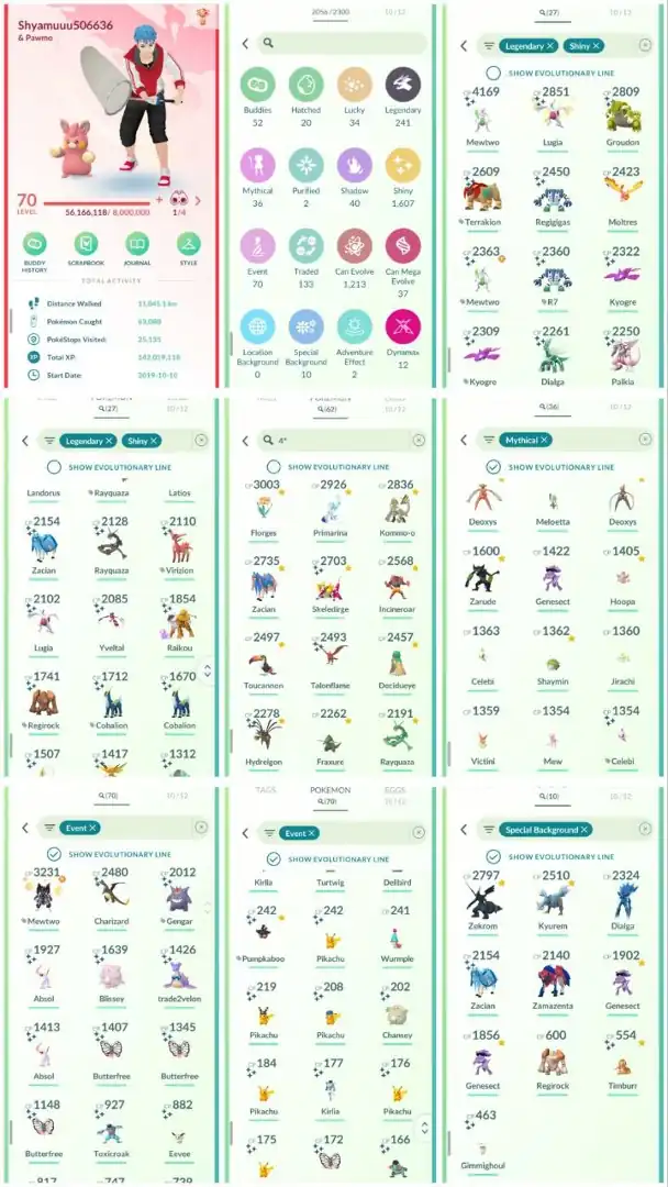 VJ1 | Level70 | 241 Legendary | 1607 Shiny | 27 Shiny Legend | Shiny Mewtwo | Shiny Rayquaza | Lucky Armour Mewtwo | Special Background |