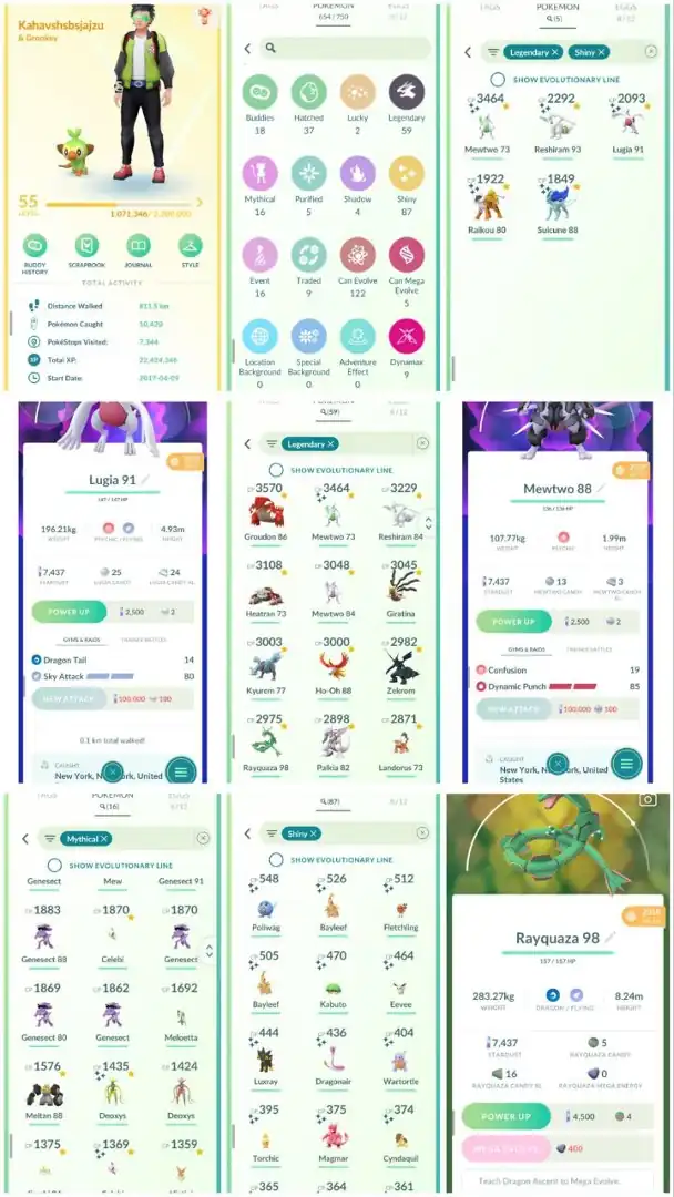 VJ2 | Level55 | 59 Legendary | 87 Shiny | Year2018 Rayquaza | Year 2018 Shiny Lugia Tradable | 2019 Armour Mewtwo Tradable |