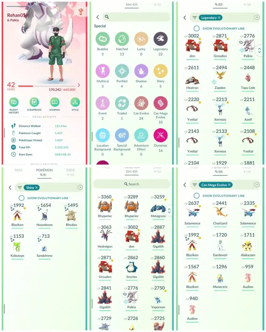 VJ5 | Level42 | 22 Legendary | 5 Shiny | Mega Gardevoir | Mega Charizard | Groudon | Zapdos | Palkia | Mini Account