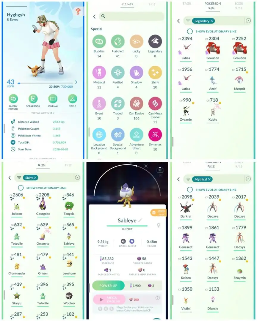 VJ15 | Level43 | 8 Legendary | 20 Shiny | Ultra Rare Shiny Litvik Hat Sableye 2020 Tradable | 11 Mythical | Rare Account