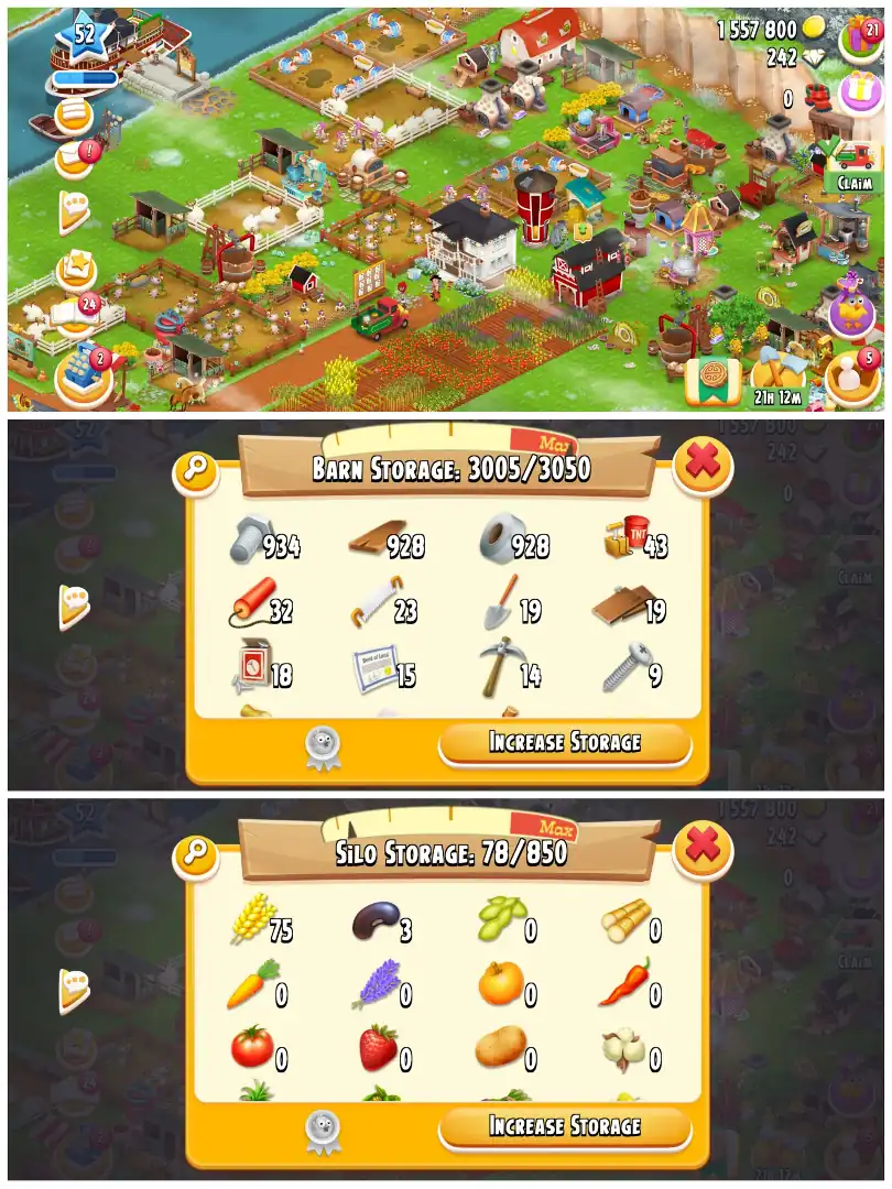 LEVEL 51 | 3000 BARN & 800 SILO | FULLY FILLED LAND TOOLS | 1.5M COINS & 242 DIAMONDS | FULLY STACKED | FULL ACCESS | IOS/ANDROID