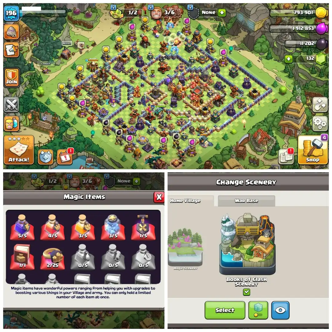 TH16 Premium Near Max | Books Of Clash Scenary | Heroes: BK76 : AQ90 : MP53 : GW61 : RC34 | 5 Epic Equipments & 7 Skins | Android/iOS