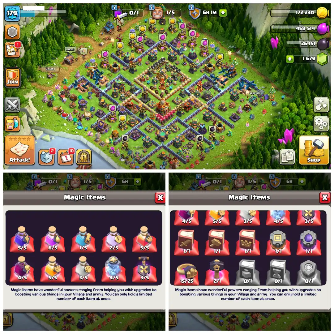 TH16 Near Max 🛡️ XP 179 🛡️ 6 Epic Equipments 🛡️ BK59 AQ87 MP43 GW46 RC34 🛡️ Loaded Magic Items 🛡️ 320 CWL Medals 🛡️ Instant Delivery