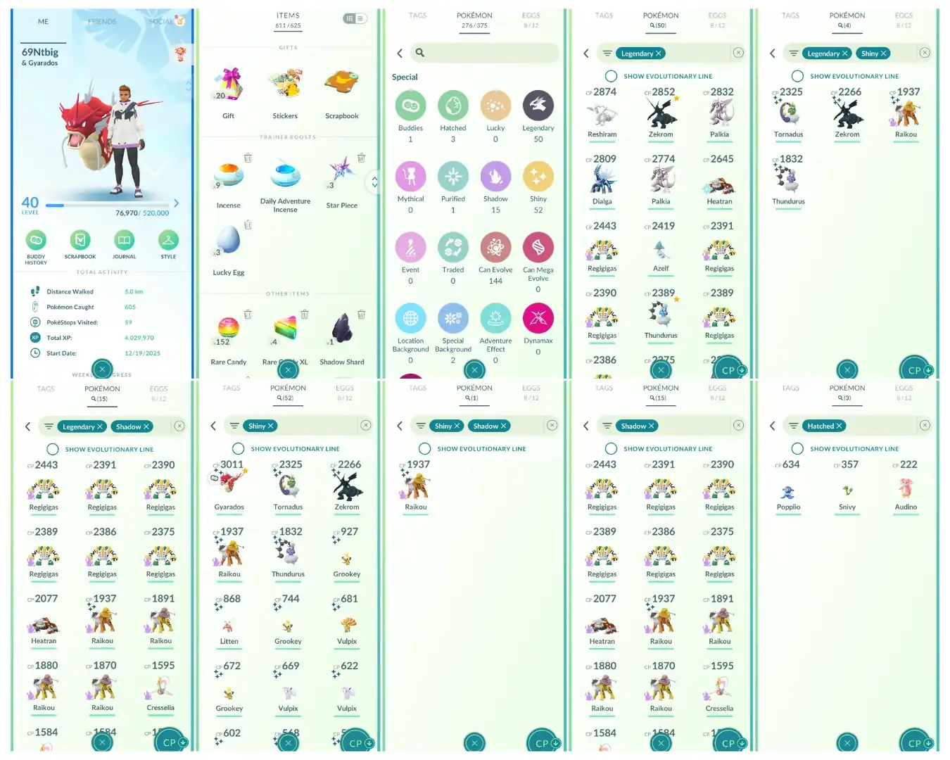 Level 40 | 50 Legendary : 52 Shiny | 4 Shiny Legendary : 1 Shiny Shadow | 15 Shadow Legendary : 2 Perfect iV100 | All Tradable