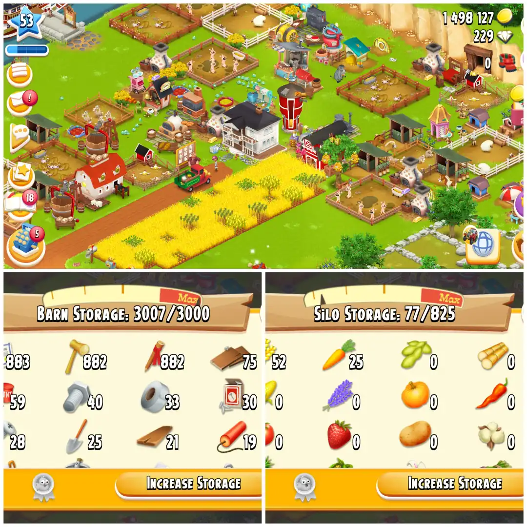 LEVEL 53 👑 3000 BARN 👑 800 SILO 👑 FULLY FILLED LAND TOOLS 👑 1.4M COINS 👑 229 DIAMONDS 👑 FULLY STACKED 👑 FULL ACCESS 👑 INSTANT DELIVERY