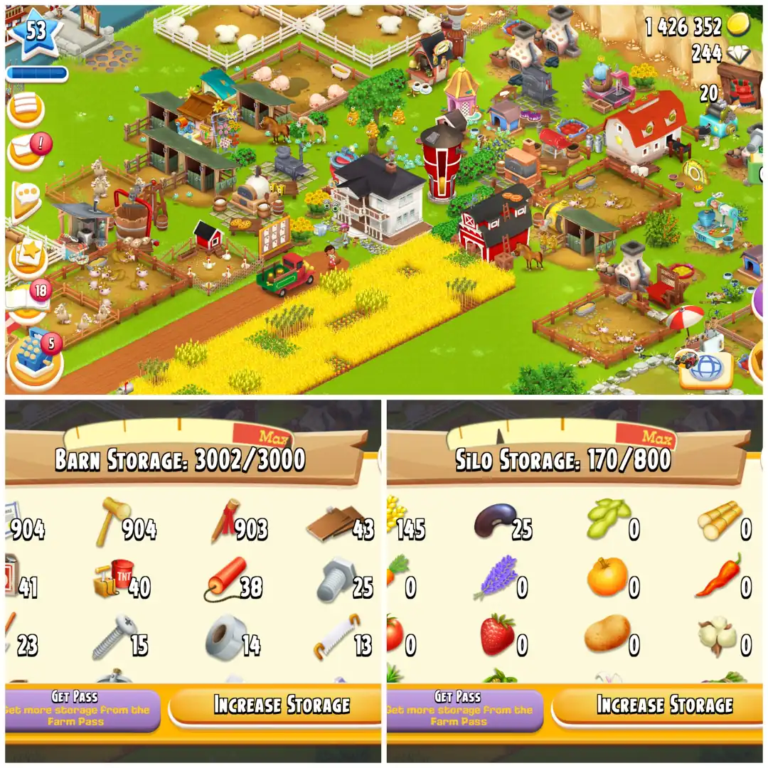 LEVEL 53 💎 3000 BARN 💎 800 SILO 💎 FULLY FILLED LAND TOOLS 💎 1.4M COINS 💎 244 DIAMONDS 💎 FULLY STACKED 💎 FULL ACCESS 💎 INSTANT DELIVERY