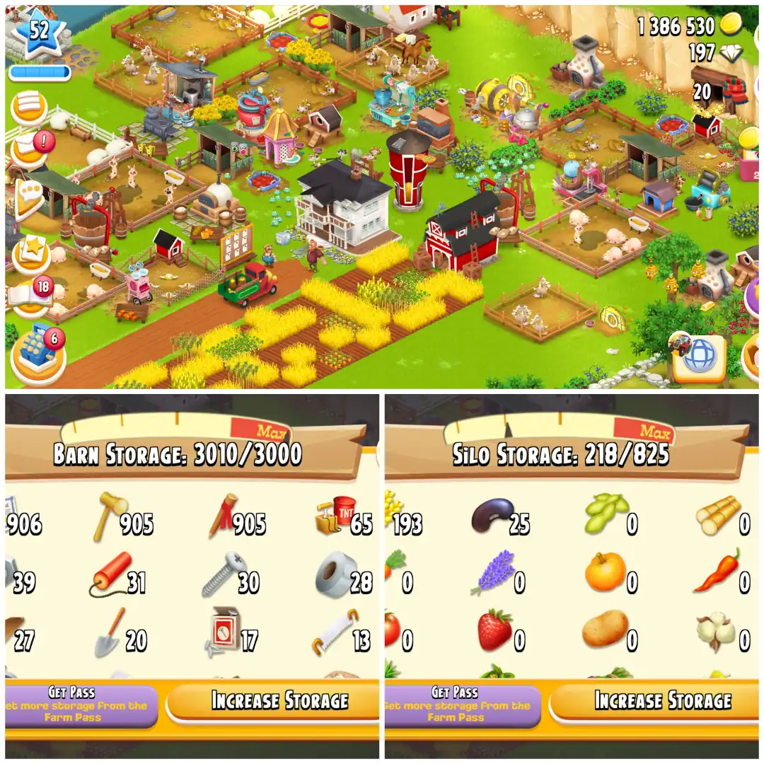LEVEL 52 🔱 3000 BARN 🔱 800 SILO 🔱 FULLY FILLED LAND TOOLS 🔱 1.3M COINS 🔱 197 DIAMONDS 🔱 FULLY STACKED 🔱 FULL ACCESS 🔱 INSTANT DELIVERY