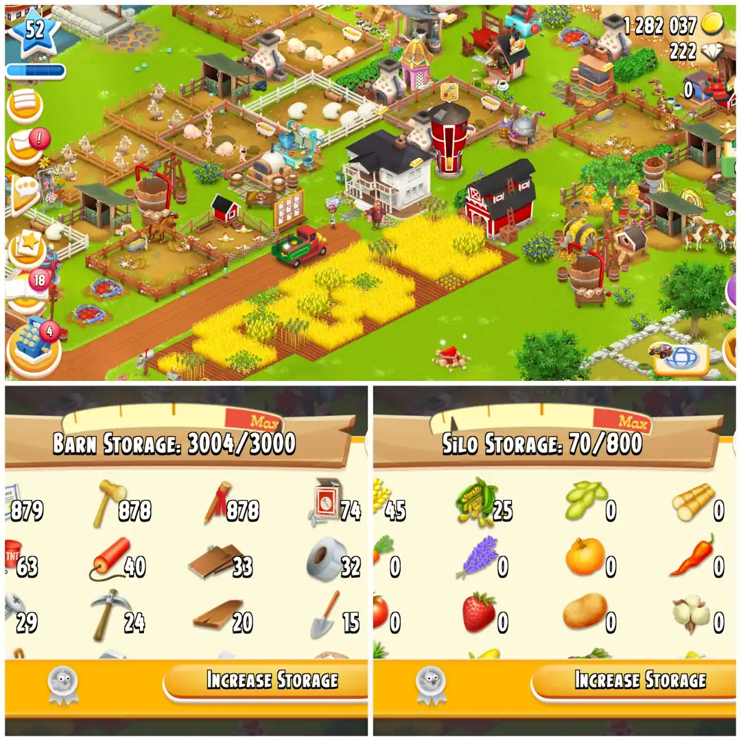 LEVEL 52 🏆 3000 BARN 🏆 800 SILO 🏆 FULLY FILLED LAND TOOLS 🏆 1.2M COINS 🏆 222 DIAMONDS 🏆 FULLY STACKED 🏆 FULL ACCESS 🏆 INSTANT DELIVERY