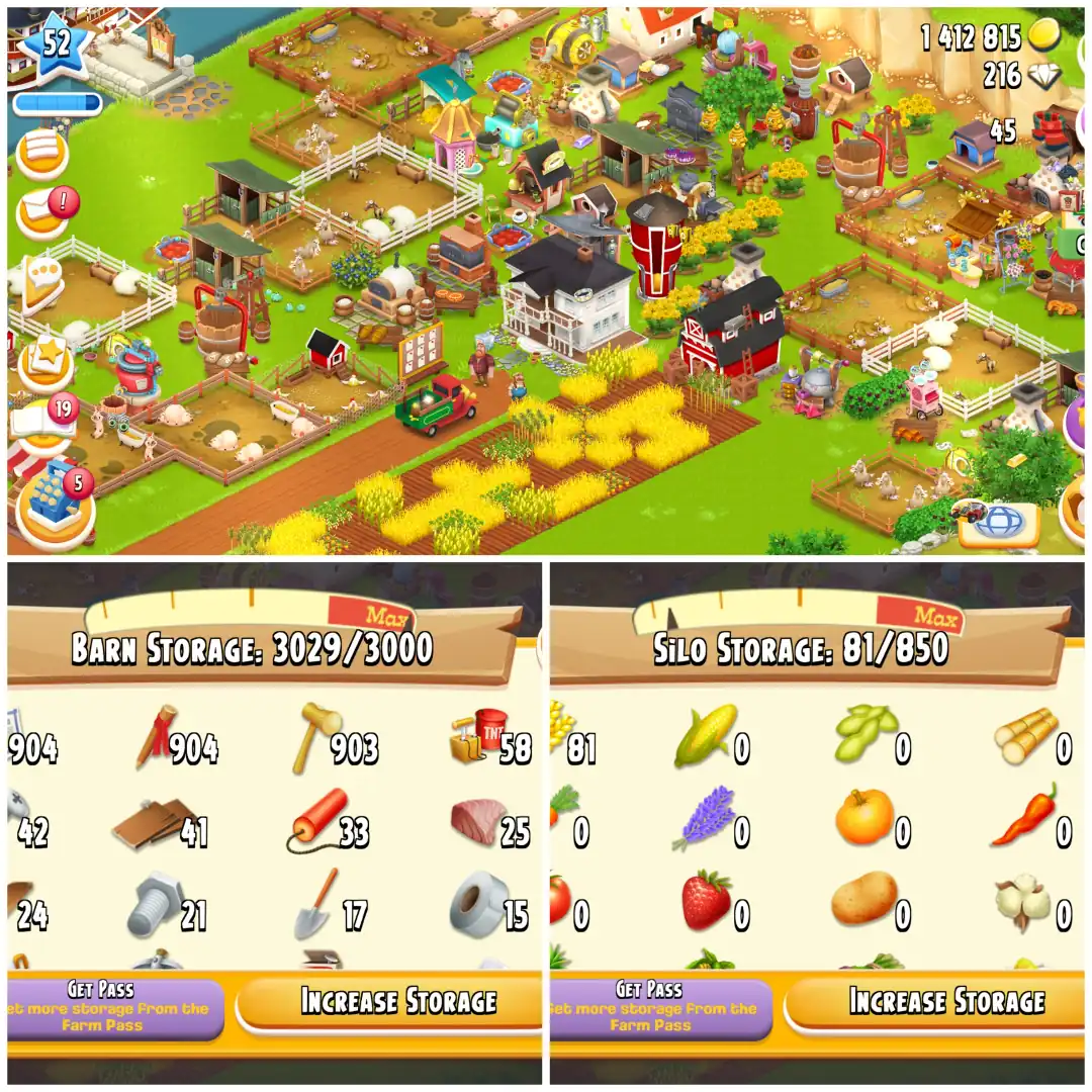 LEVEL 52 🛡️ 3000 BARN 🛡️ 800 SILO 🛡️ FULLY FILLED LAND TOOLS 🛡️ 1.4M COINS 🛡️ 216 DIAMONDS 🛡️ FULLY STACKED 🛡️ FULL ACCESS 🛡️ INSTANT DELIVERY