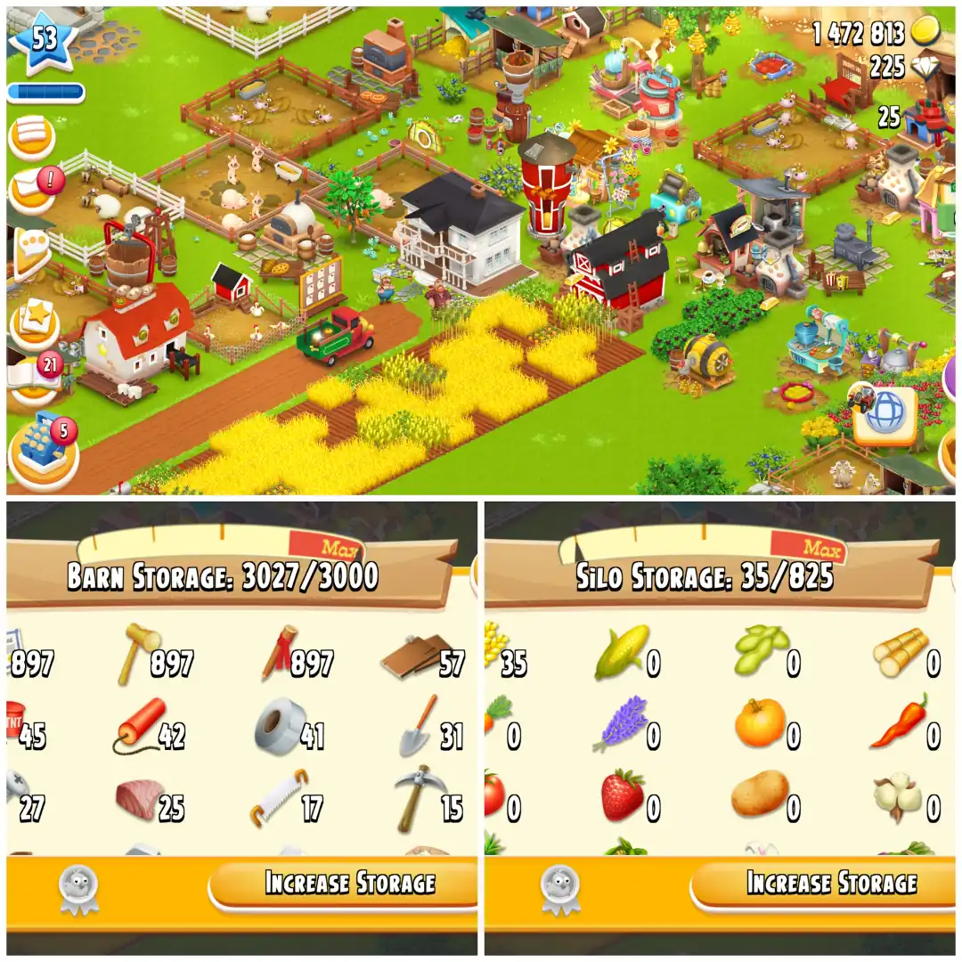 LEVEL 53 ⚡ 3000 BARN ⚡ 800 SILO ⚡ FULLY FILLED LAND TOOLS ⚡ 1.4M COINS ⚡ 225 DIAMONDS ⚡ FULLY STACKED ⚡ FULL ACCESS ⚡ INSTANT DELIVERY