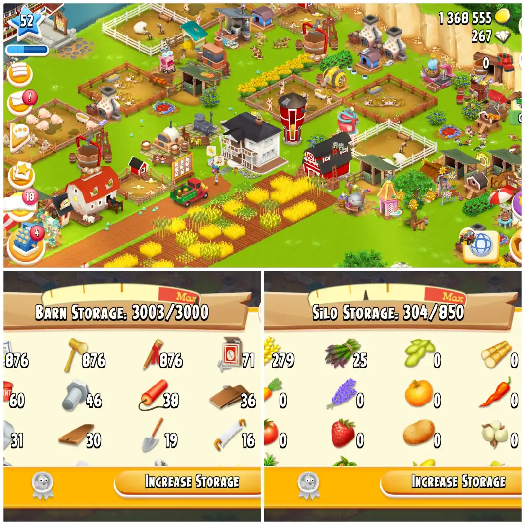LEVEL 52 🦅 3000 BARN 🦅 800 SILO 🦅 FULLY FILLED LAND TOOLS 🦅 1.3M COINS 🦅 267 DIAMONDS 🦅 FULLY STACKED 🦅 FULL ACCESS 🦅 INSTANT DELIVERY