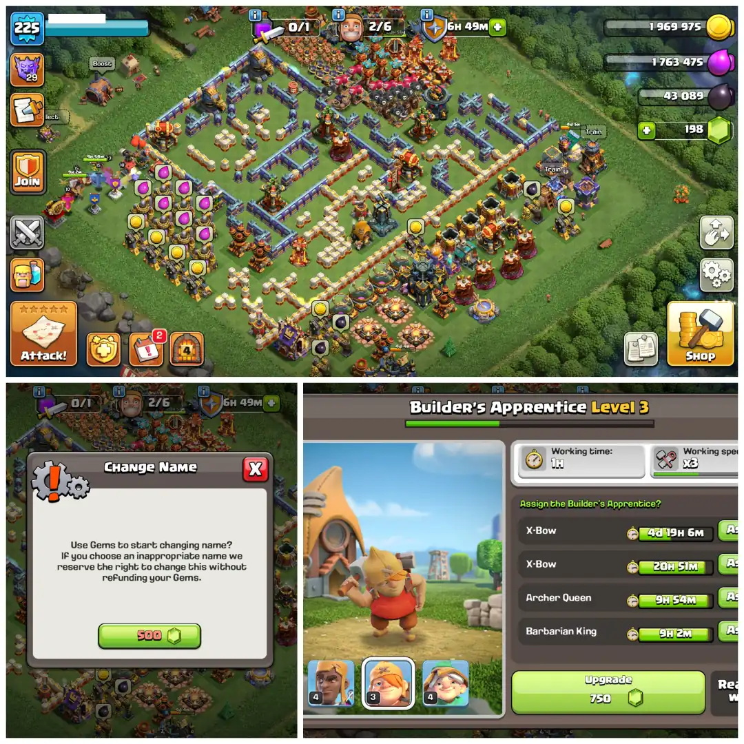 TH17 Near Max ⚡ XP 225 ⚡ 11 Epic Equipments ⚡ 17 Max Equipments ⚡ 13 Hero Skins ⚡ High Apprentice Levels ⚡ Near Max Profile ⚡