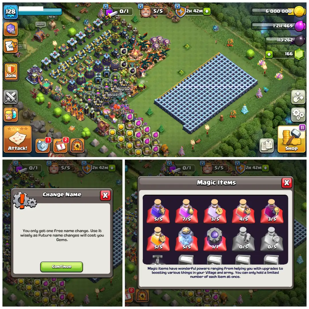 TH15 Semi Max 🧠 7 Epic Equipments 🧠 Heroes BK75 AQ79 MP43 GW52 RC28 🧠 Tough Defenses 🧠 Strong Army Troops 🧠 Free Name Change 🧠