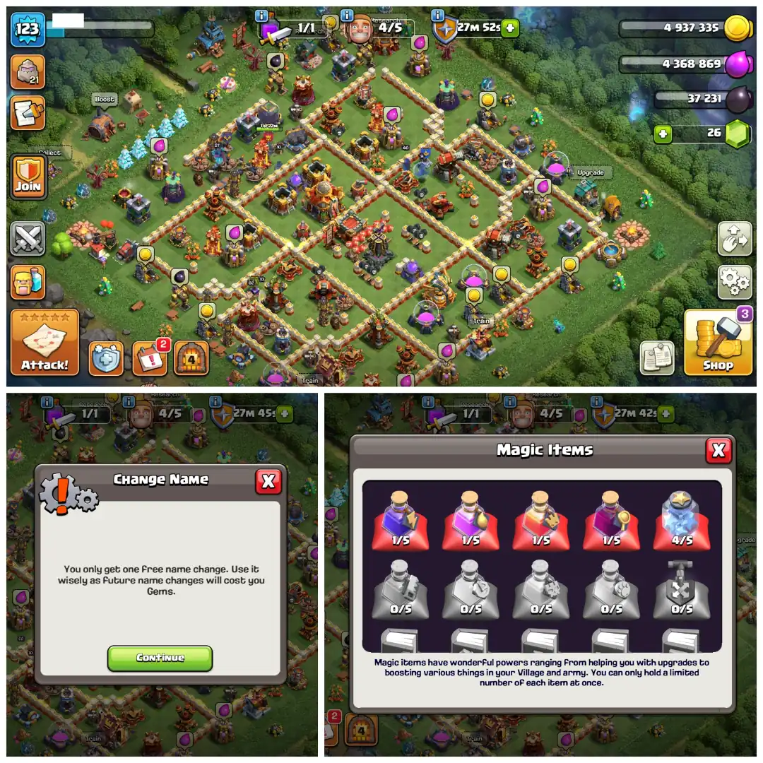 TH16 Semi Max 🔱 Walls Fully Maxed 🔱 5 Epic Equipments 🔱 Heroes BK57 AQ62 MP27 GW57 RC40 🔱 Free Name Change 🔱