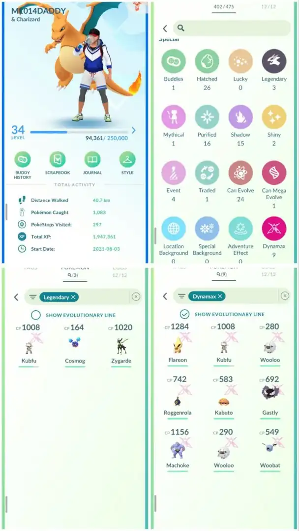 R149 | Level34 | 3 Legendary | 2 Shiny | Zygrade | Cosmong | 9 Dmax | Mini Account