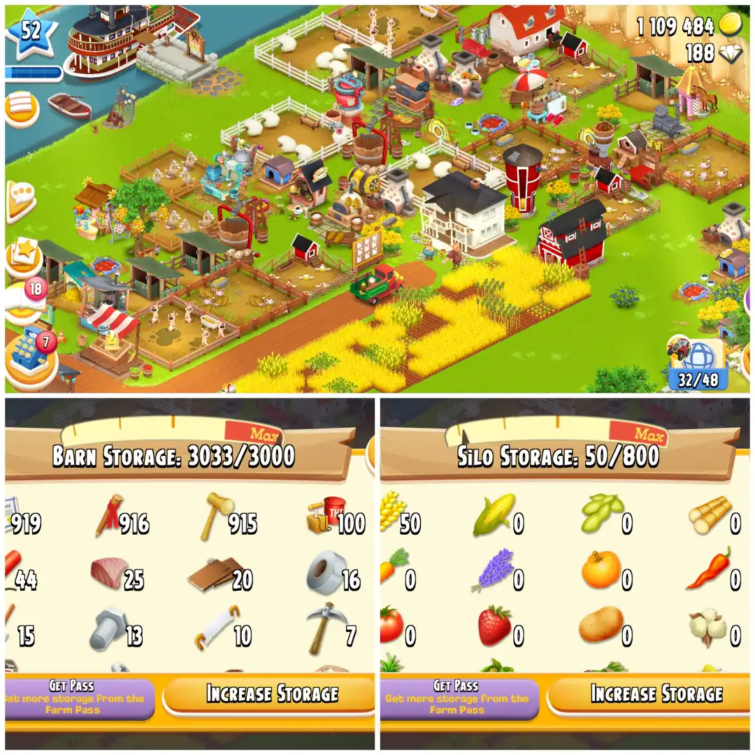 LEVEL 52 | 3000 BARN & 800 SILO | FULLY FILLED LAND TOOLS | 1.1M COINS & 188 DIAMONDS | FULLY STACKED | FULL ACCESS | IOS/ANDROID