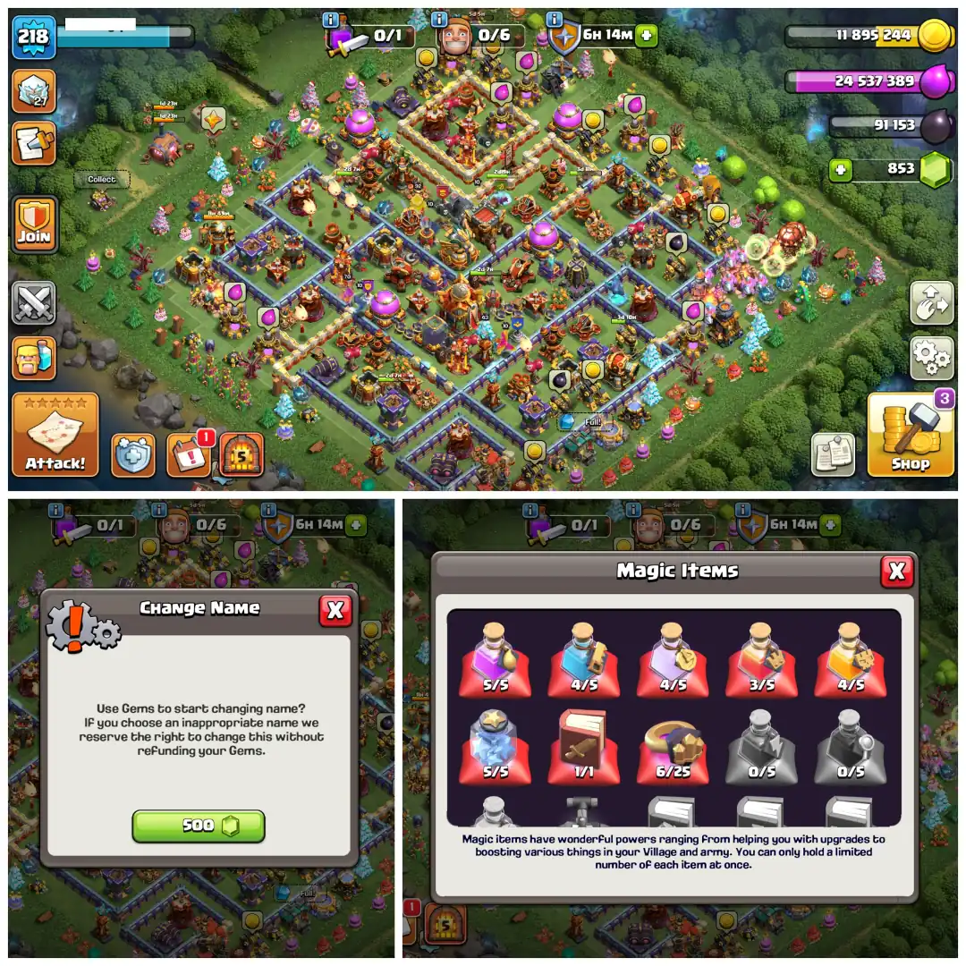 💎 TH16 MOSTLY MAX 💎 XP 218 💎 9 EPIC EQUIPMENTS 💎 BK 92 AQ 92 MP 67 GW 70 RC 43 💎 NAME CHANGEABLE 💎 STACKED OBSTACLES 💎 INSTANT DELIVERY