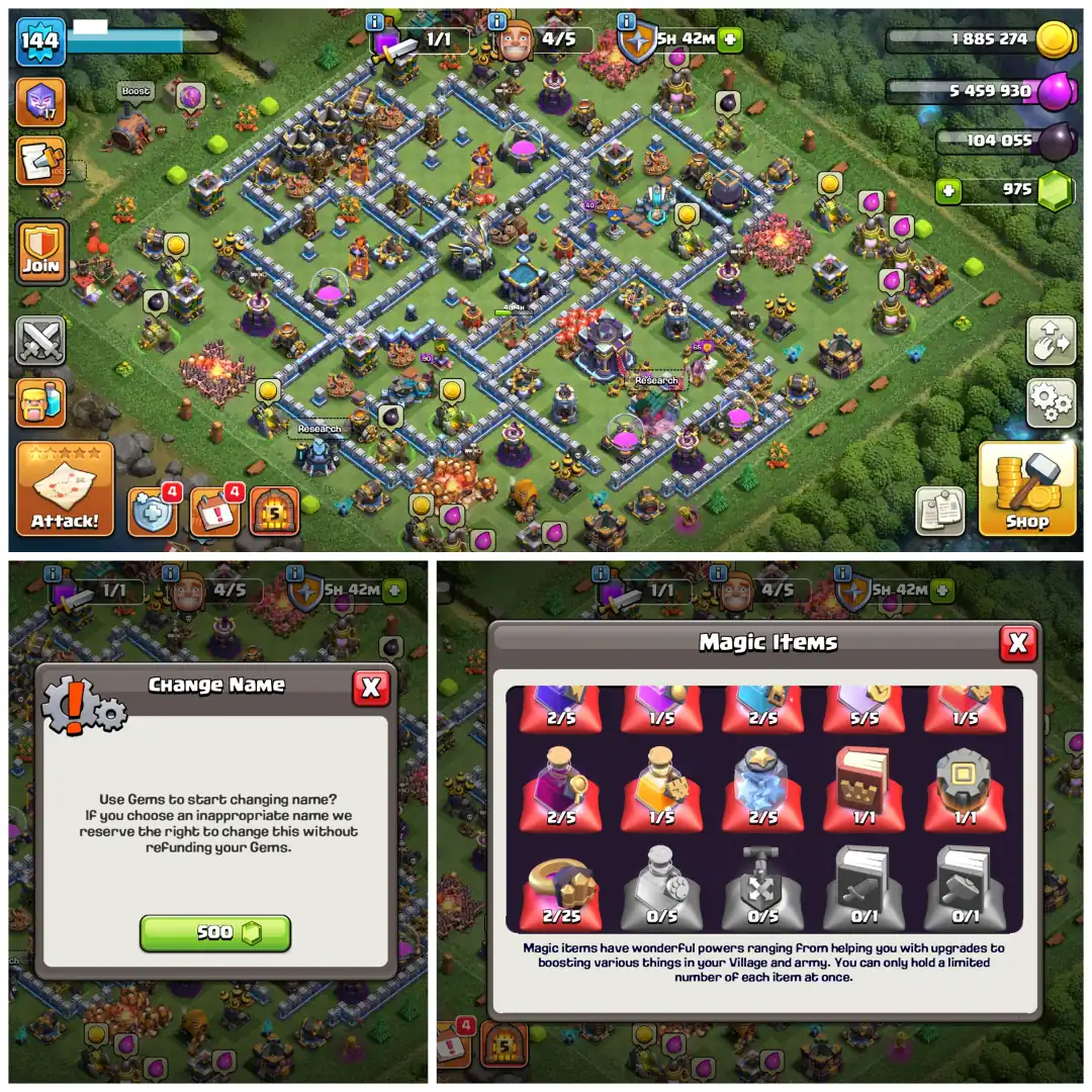 💎 TH15 SEMI MAX 💎 XP 144 💎 6 EPIC EQUIPMENTS 💎 BK 65 AQ 69 MP 41 GW 43 RC 9 💎 NAME CHANGEABLE 💎 BLUE WALLS 💎